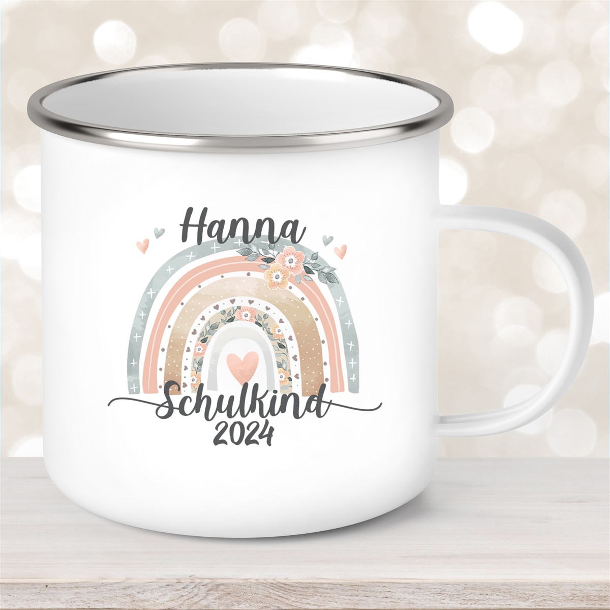 Tasse Schulkind #06 Wunschname Rainbow Emaille Kinderbecher Personalisiert