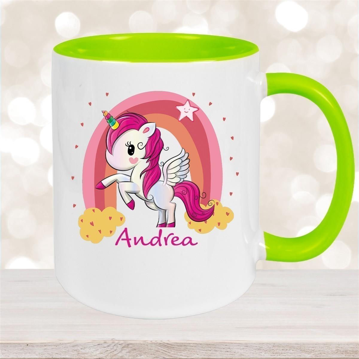 Tasse Wunschname Regenbogen-Einhorn Keramik Kinderbecher personalisiert versch. Farben