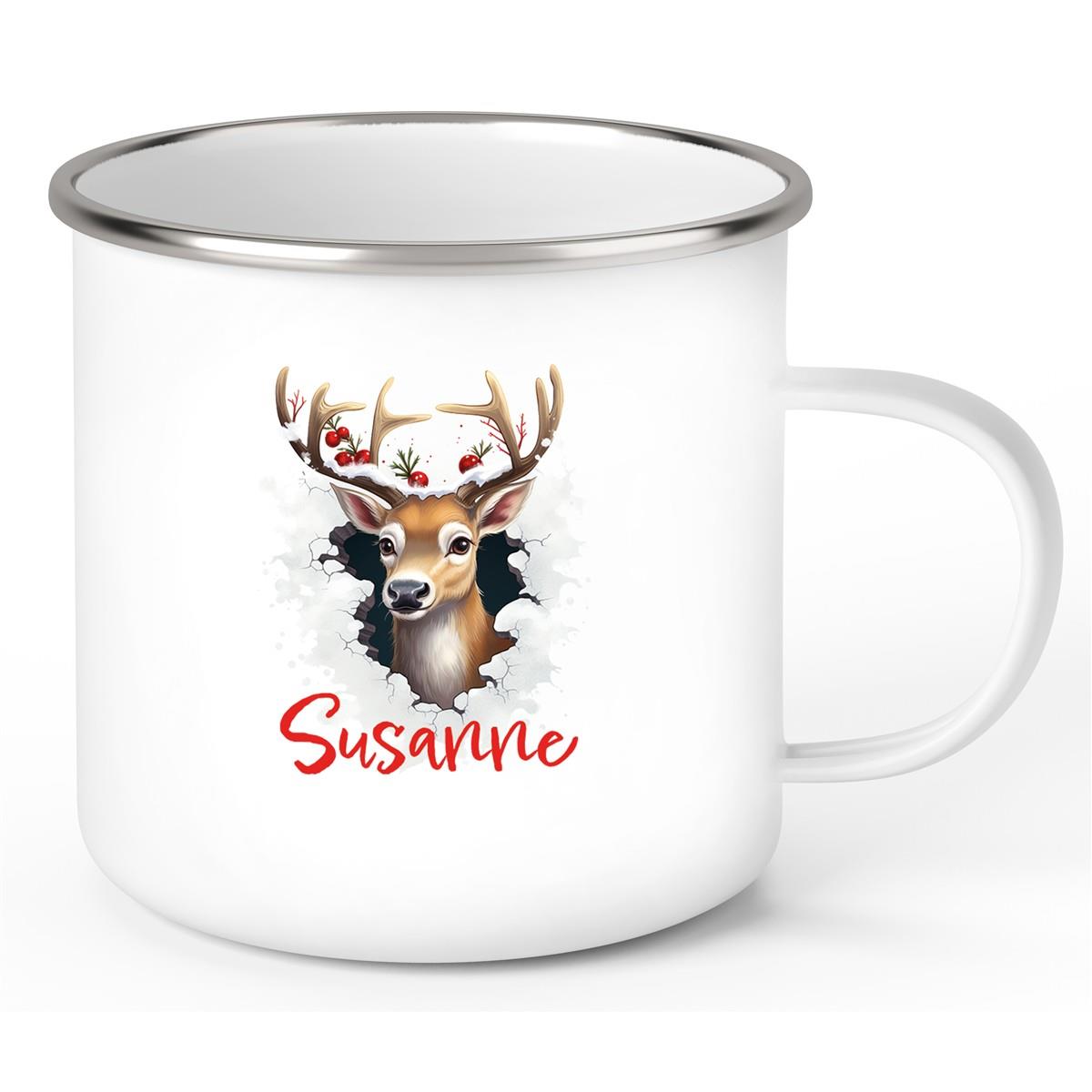 Tasse Wunschname Christmas Rentier 2 Emaille Kinderbecher
