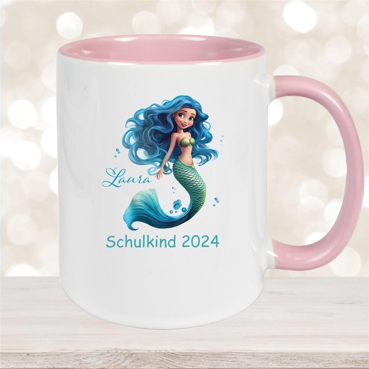 Tasse Schulkind 10 Wunschname Meerjungfrau 1 Keramik Kinderbecher Personalisiert versch. Farben