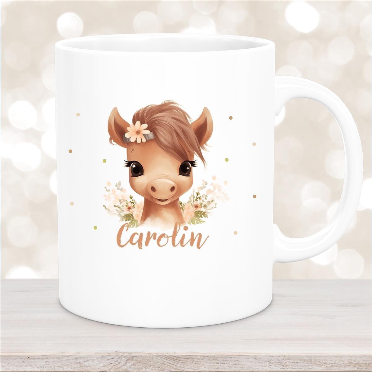 Tasse Pferd 6 Wunschname Keramik Kinderbecher personalisiert versch. Farben