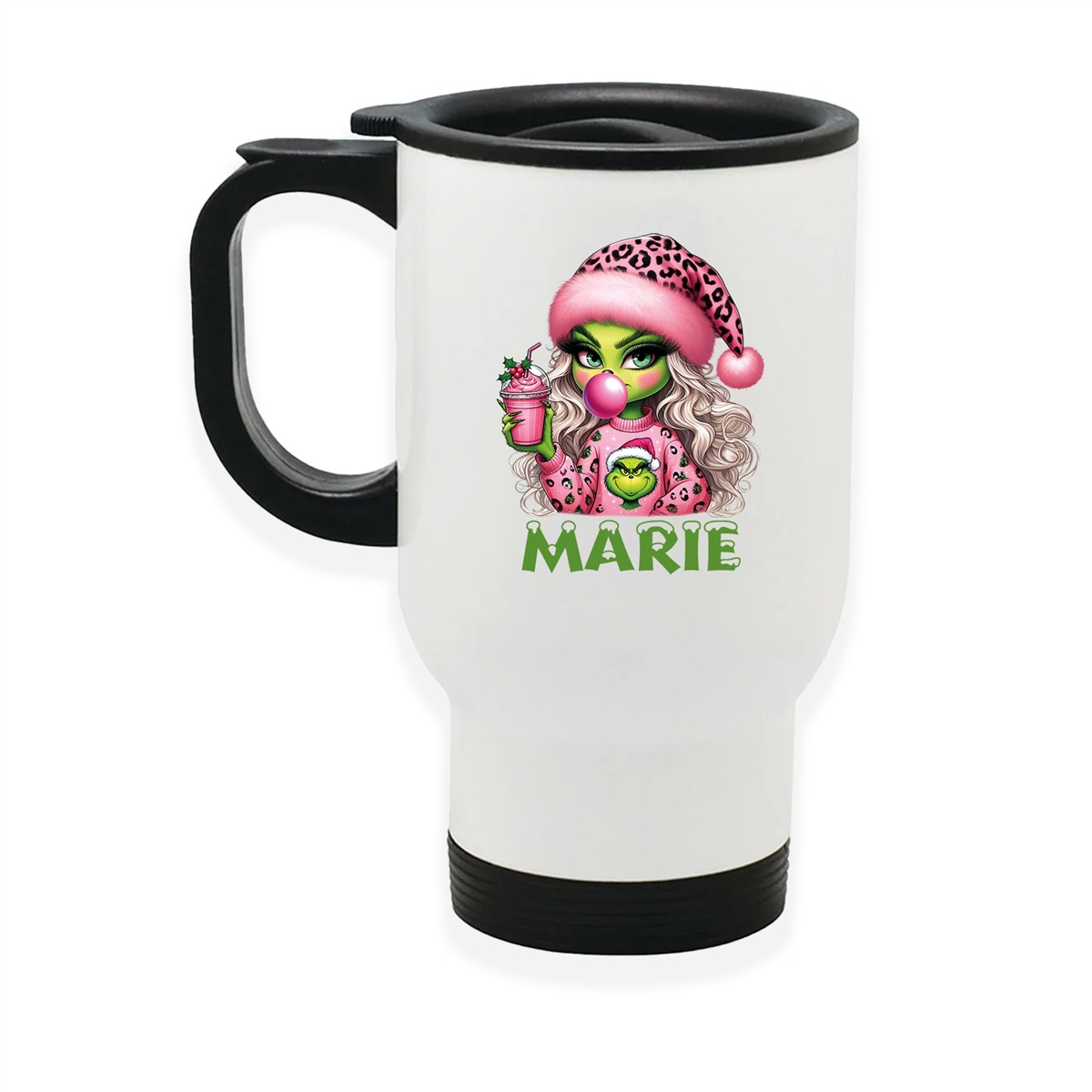 Edelstahl-Thermobecher mit Deckel Weihnachten Lady-Grinch 5# personalisiert weiß