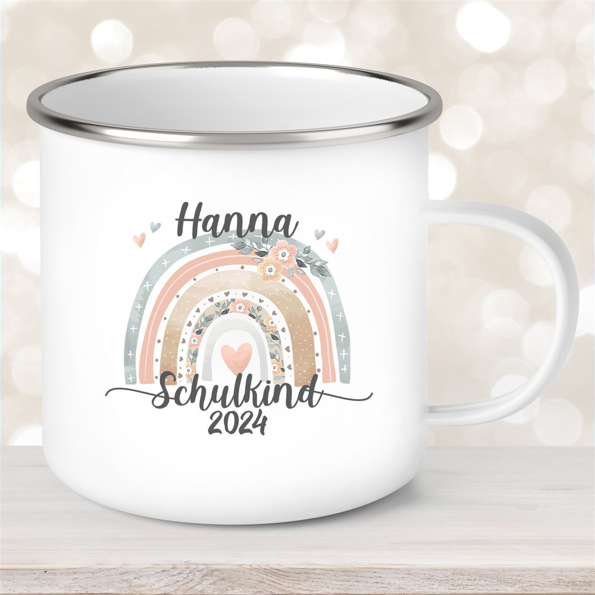 Tasse Schulkind #06 Wunschname Rainbow Emaille Kinderbecher Personalisiert