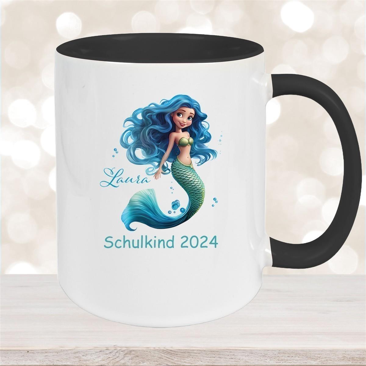 Tasse Schulkind 10 Wunschname Meerjungfrau 1 Keramik Kinderbecher Personalisiert versch. Farben