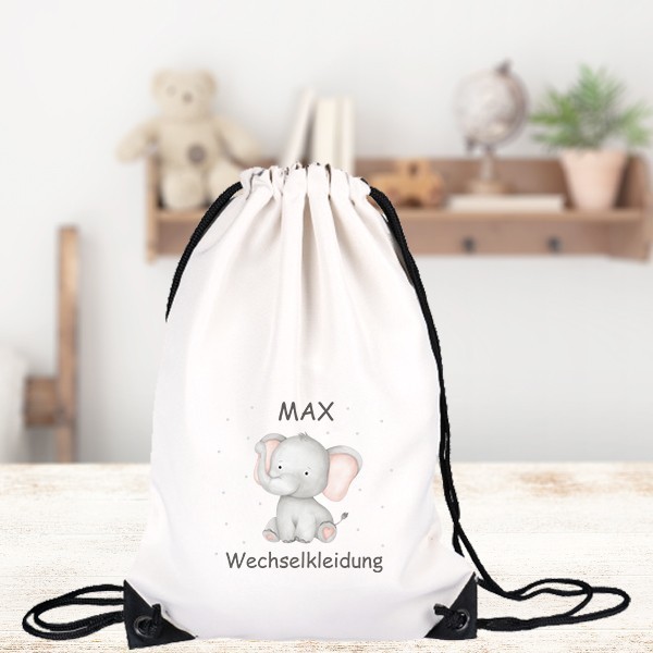 Turnbeutel für Kinder Wechselkleidung-Elefant #1  Personalisiert mit Namen inkl. schwarzem Kordelzugband
