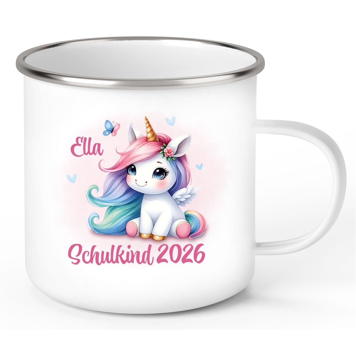 Tasse Schulkind 09 Wunschname Einhorn 2 Emaille Kinderbecher Personalisiert
