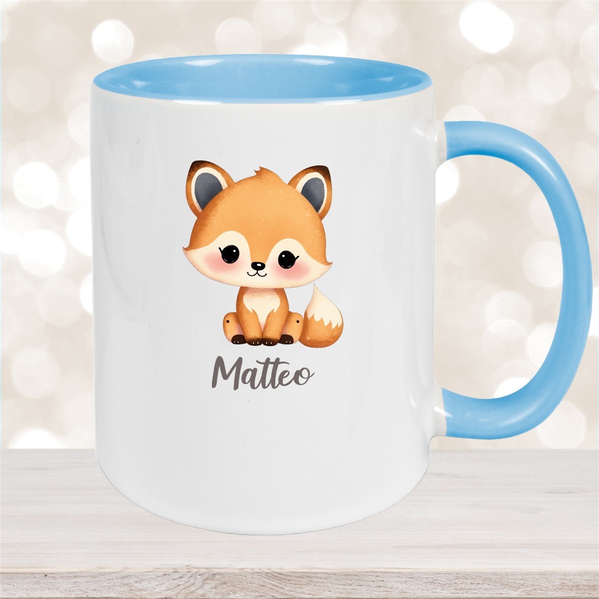 Tasse Wunschname Fuchs #1 Keramik Kinderbecher Hellblau