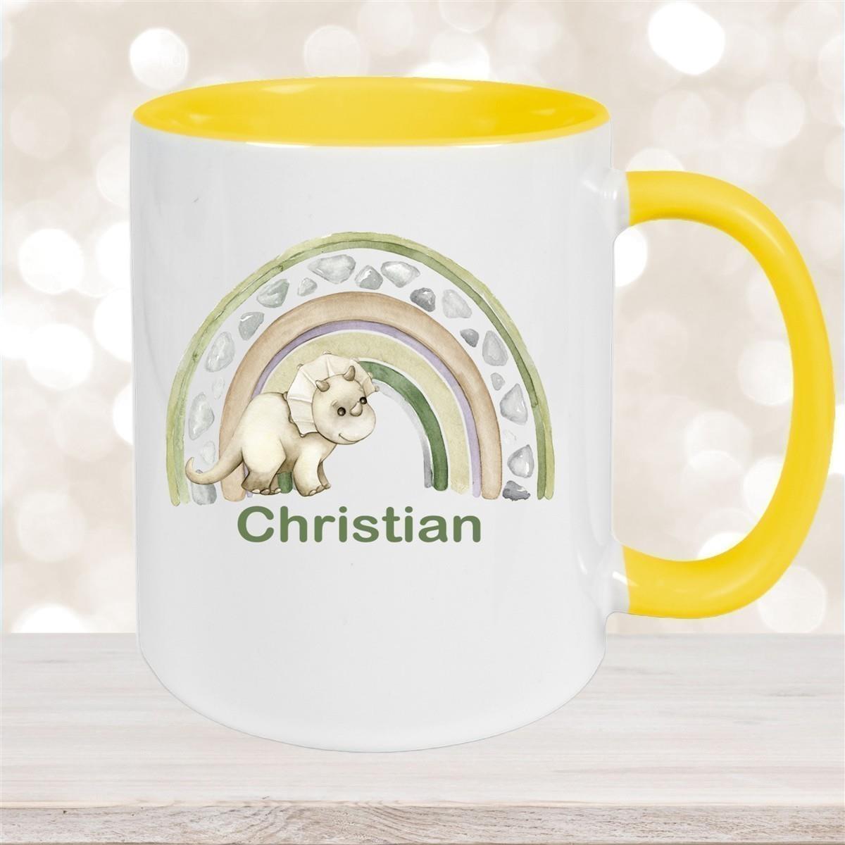 Tasse Wunschname Regenbogen-Dino Keramik Kinderbecher versch. Farben