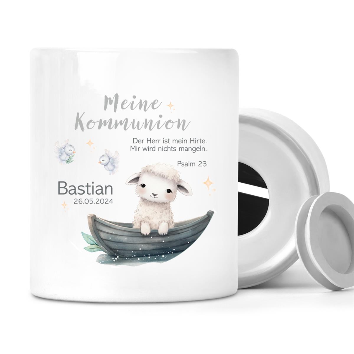 Spardose zur Kommunion mit Wunschname Schaf 1 Personalisiert