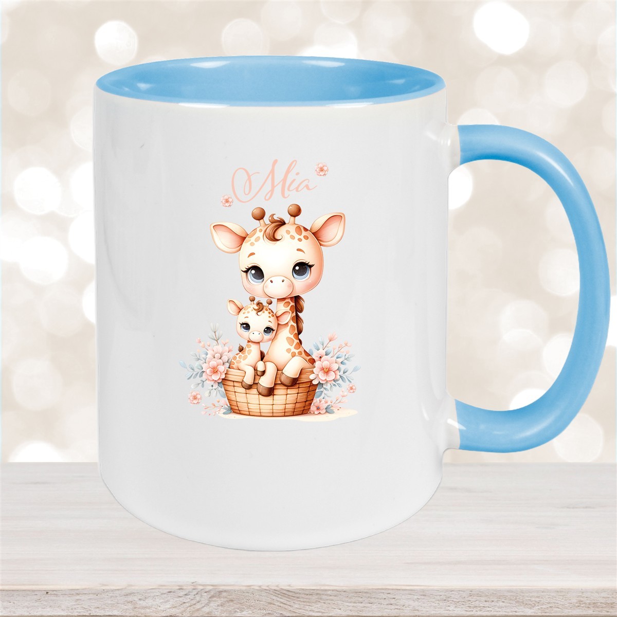 Tasse Wunschname Giraffe #2 Kinderbecher Keramik Hellblau