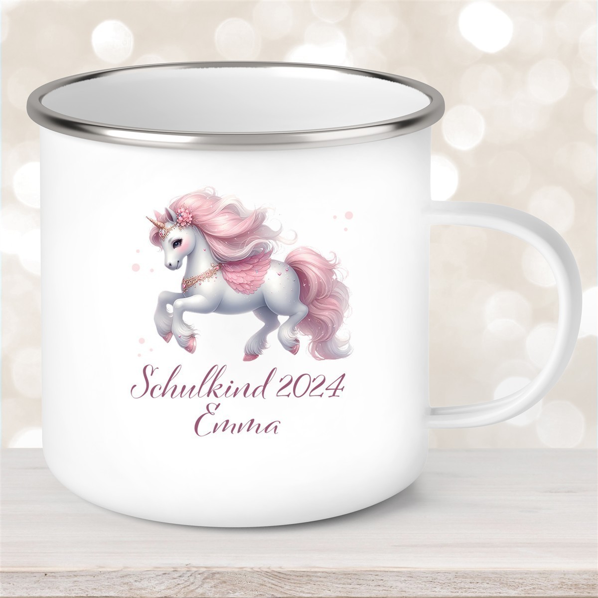 Tasse Schulkind #03 Wunschname Einhorn Emaille Kinderbecher Personalisiert