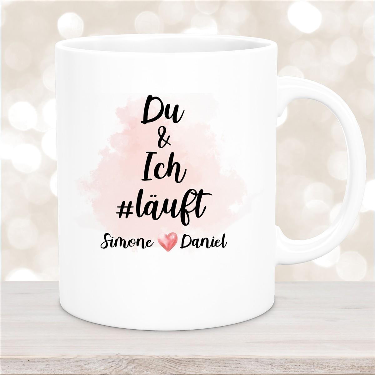 Tasse Spruch "Du & Ich Läuft" Valentinstag 8 Wunschnamen Keramik personalisiert versch. Farben