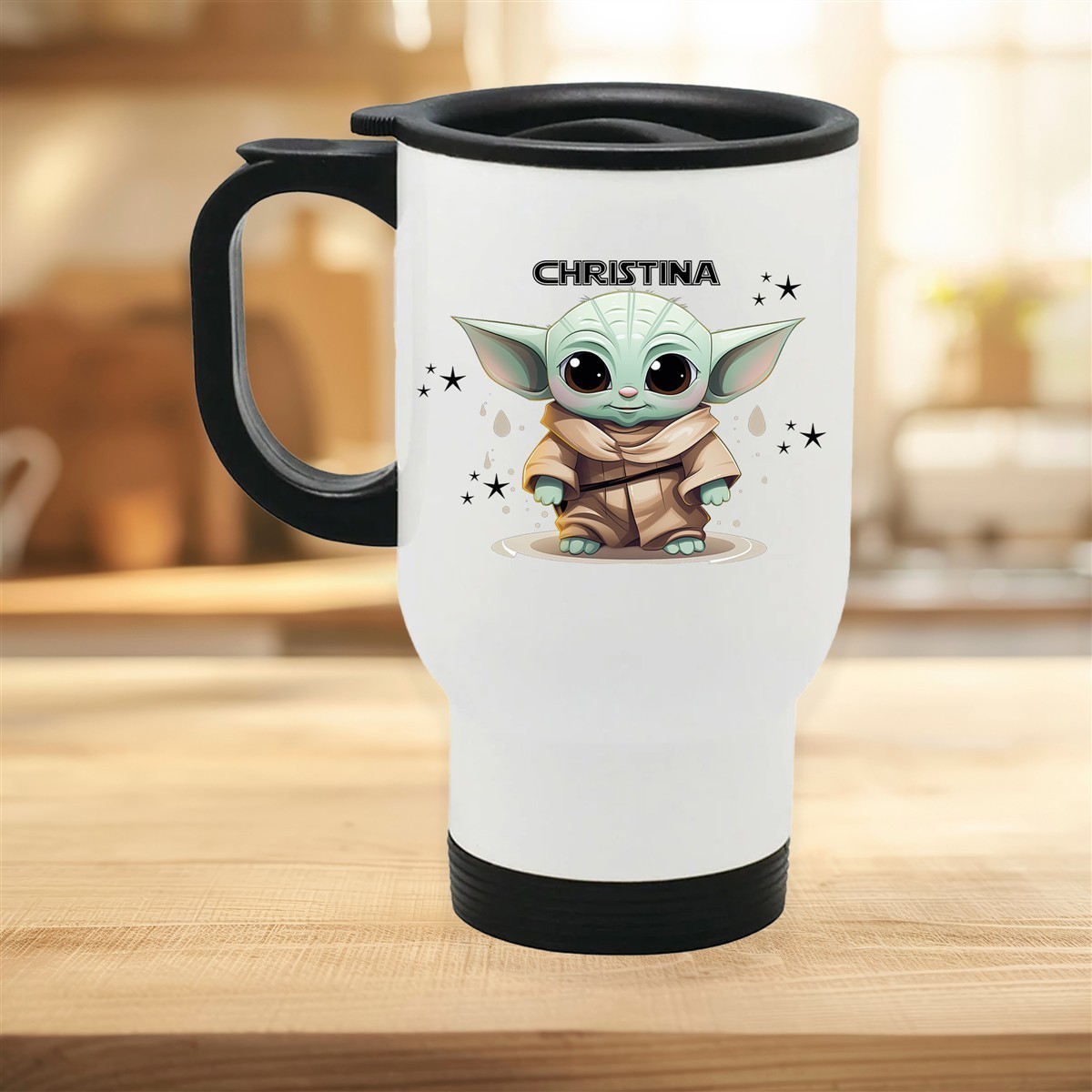 Edelstahl-Thermobecher mit Deckel Baby Yoda #3 weiß Edelstahl-Thermobecher mit Deckel Baby Yoda #3 weiß