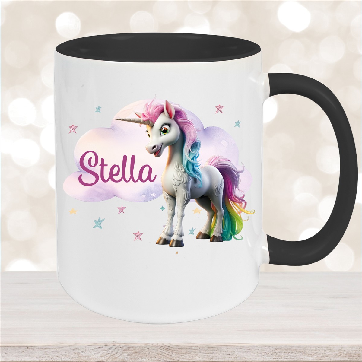 Tasse Einhorn Wolke #4 Wunschname Keramik Kinderbecher personalisiert Schwarz
