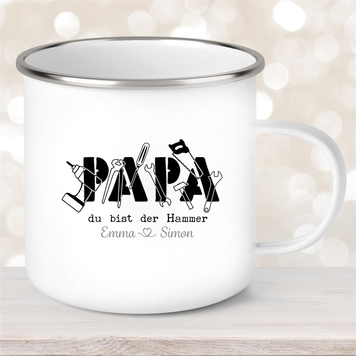 Tasse Vatertag #9 Papa "Du bist der Hammer" Wunschnamen Emaille Personalisiert Tasse Vatertag #9 Papa "Du bist der Hammer" Wunschnamen Emaille Personalisiert