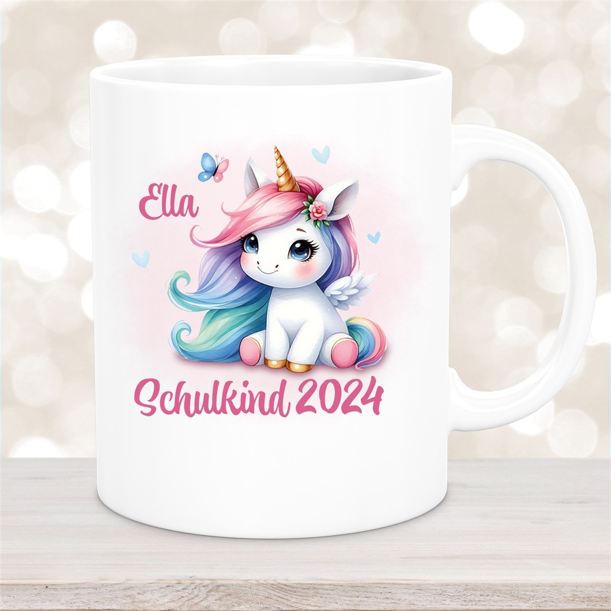 Tasse Schulkind #09 Wunschname Einhorn #2 Keramik Kinderbecher Personalisiert Weiß