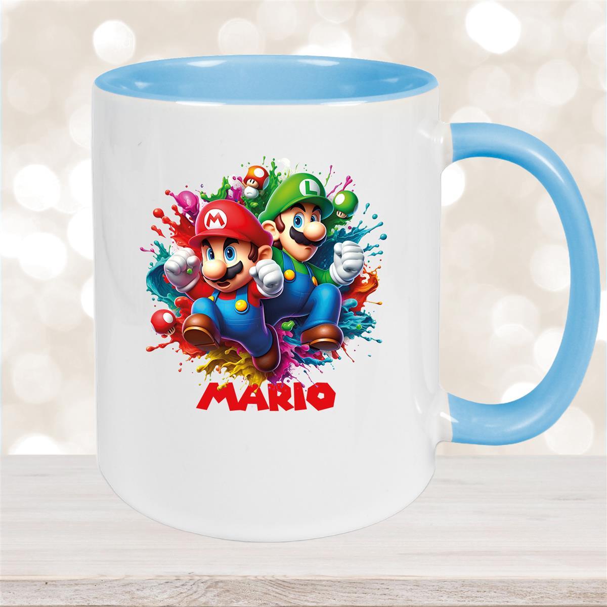 Tasse Wunschname Super-Mario #3 Keramik Kinderbecher personalisiert Hellblau