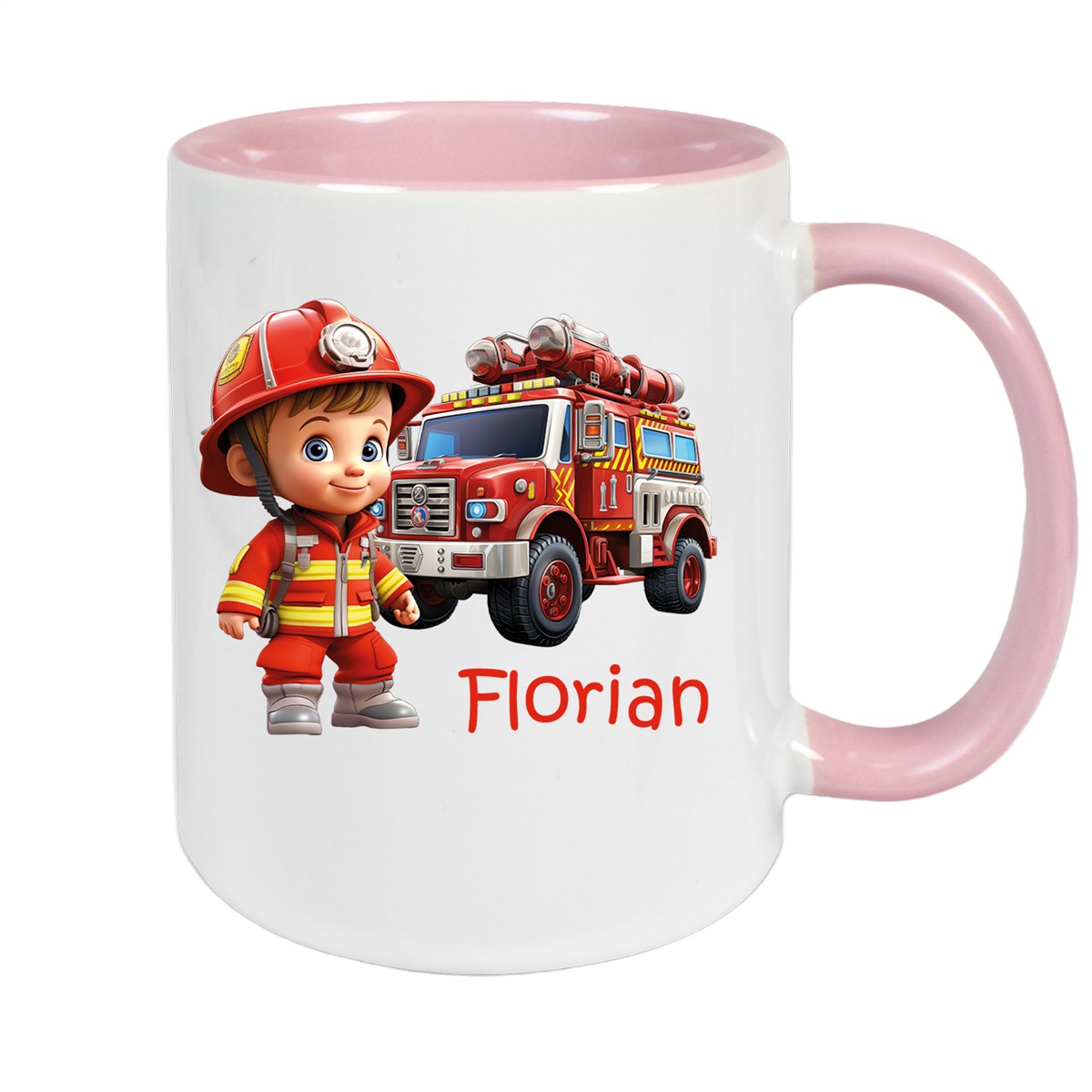 Tasse Wunschname Feuerwehr #2 Keramik Kinderbecher Altrosa