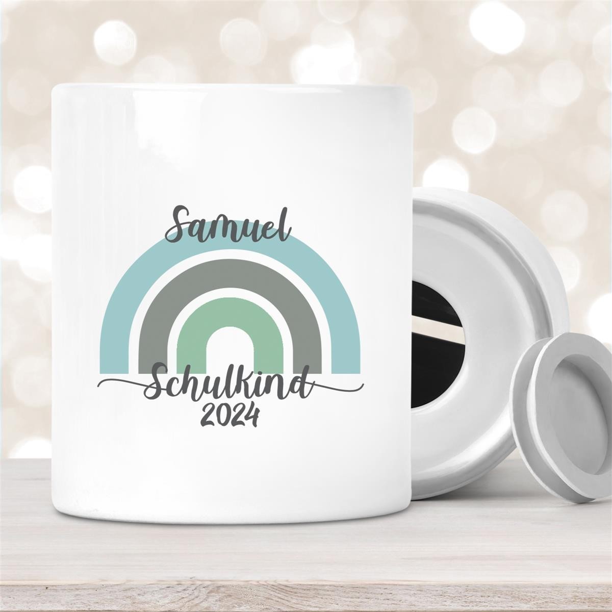 Spardose mit Wunschname Schulanfang #5 Regenbogen personalisiert Spardose mit Wunschname Schulanfang #5 Regenbogen personalisiert