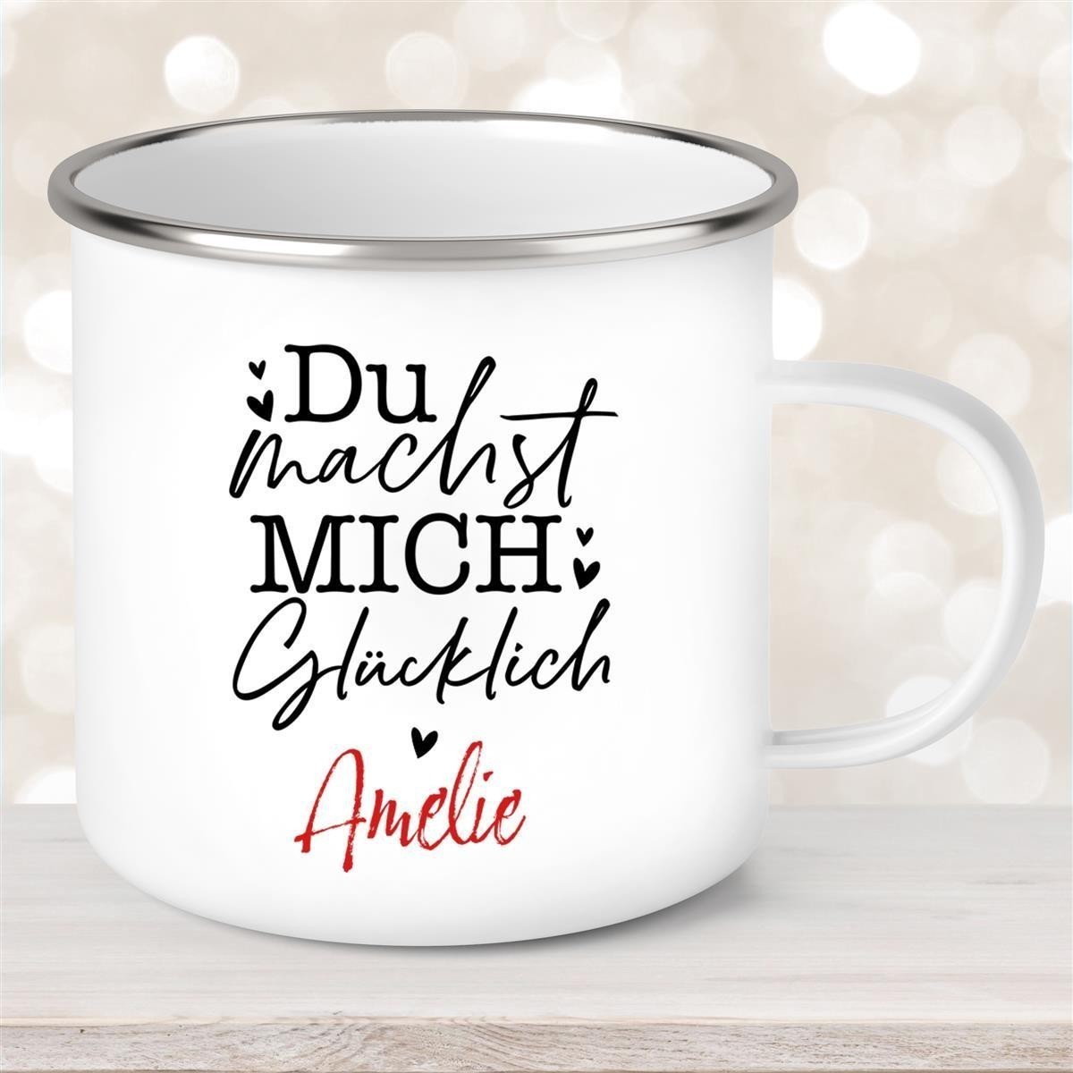 Tasse Liebe - Spruch "Du machst mich glücklich" Valentinstag Wunschnamen Emaille personalisiert Tasse Liebe - Spruch "Du machst mich glücklich" Valentinstag Wunschnamen Emaille personalisiert