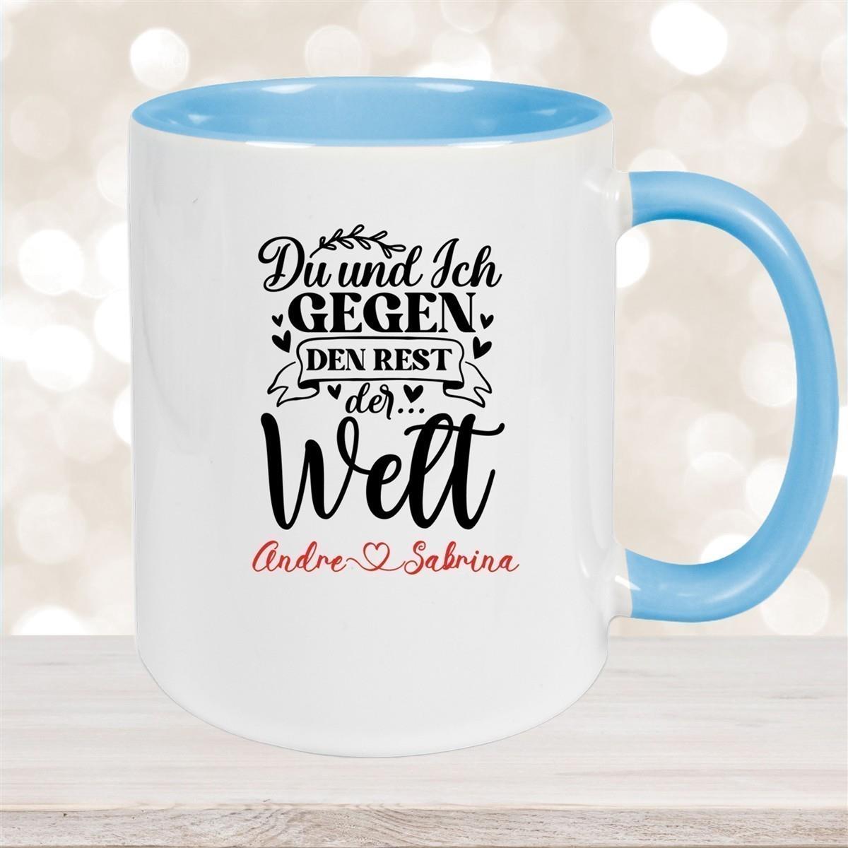 Tasse Liebe - Spruch "Du und Ich, gegen den Rest der Welt" Valentinstag Wunschnamen Keramik personalisiert versch. Farben