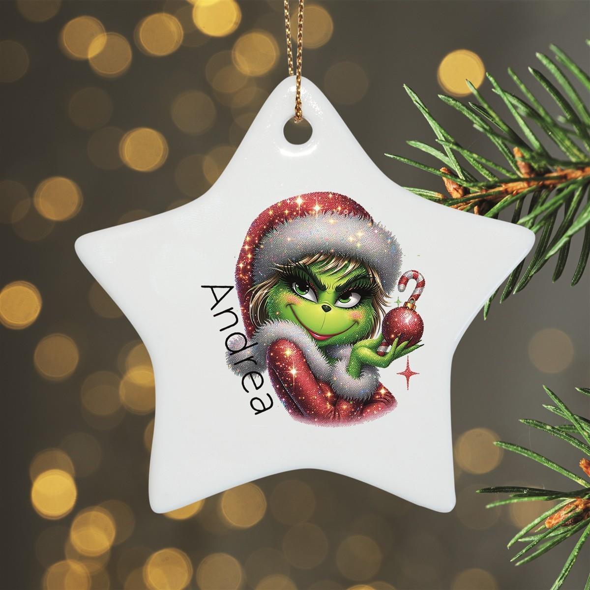 Weihnachtsanhänger personalisiert Lady-Grinch 3 Name Motiv Anhänger Keramik, Weihnachtsschmuck, Weihnachtskugel, Christbaumschmuck versch. Formen