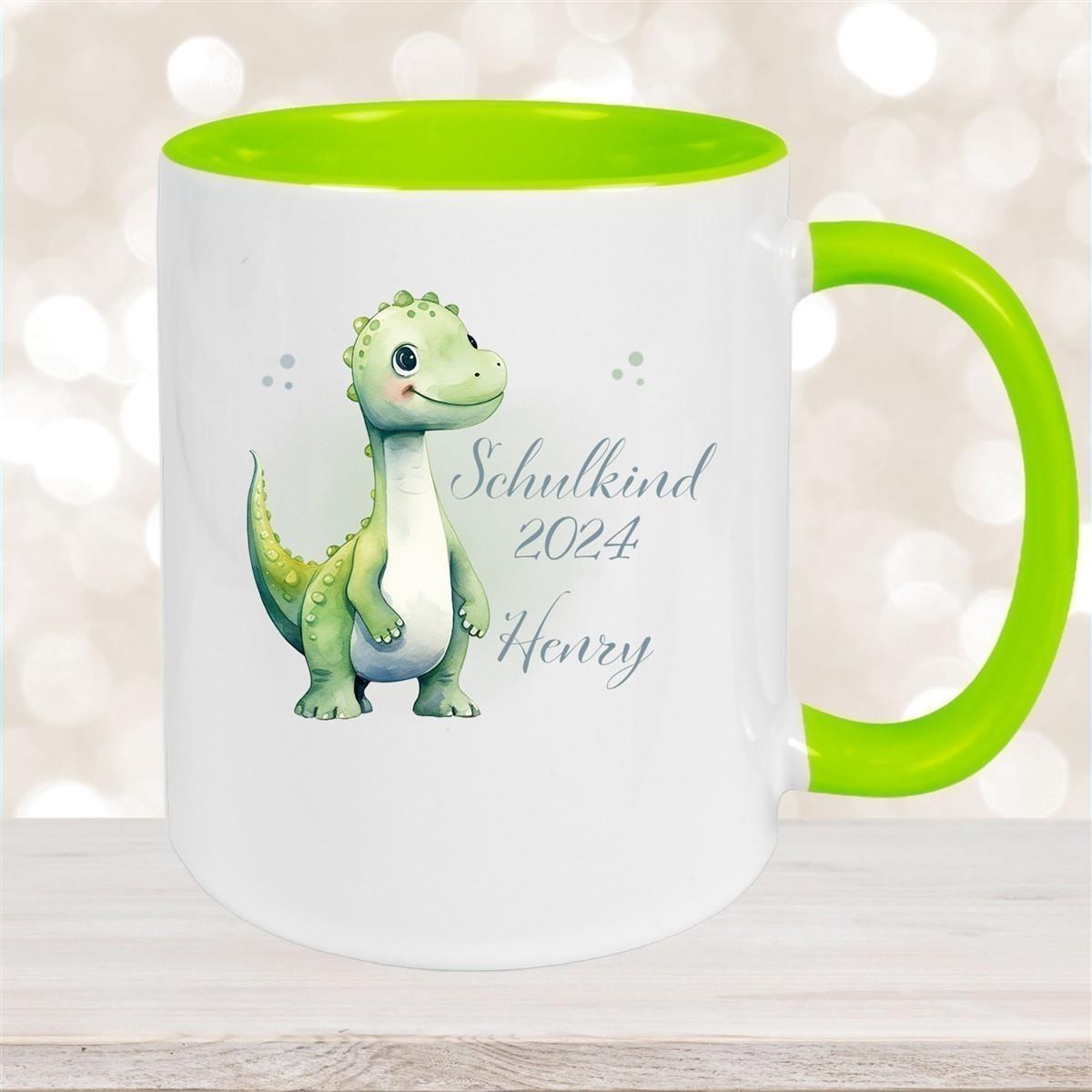 Tasse Schulkind 4 Wunschname Dino1 Keramik Kinderbecher Personalisiert versch. Farben