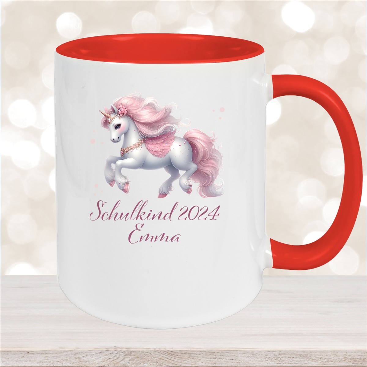 Tasse Schulkind #03 Wunschname Einhorn Keramik Kinderbecher Personalisiert Rot