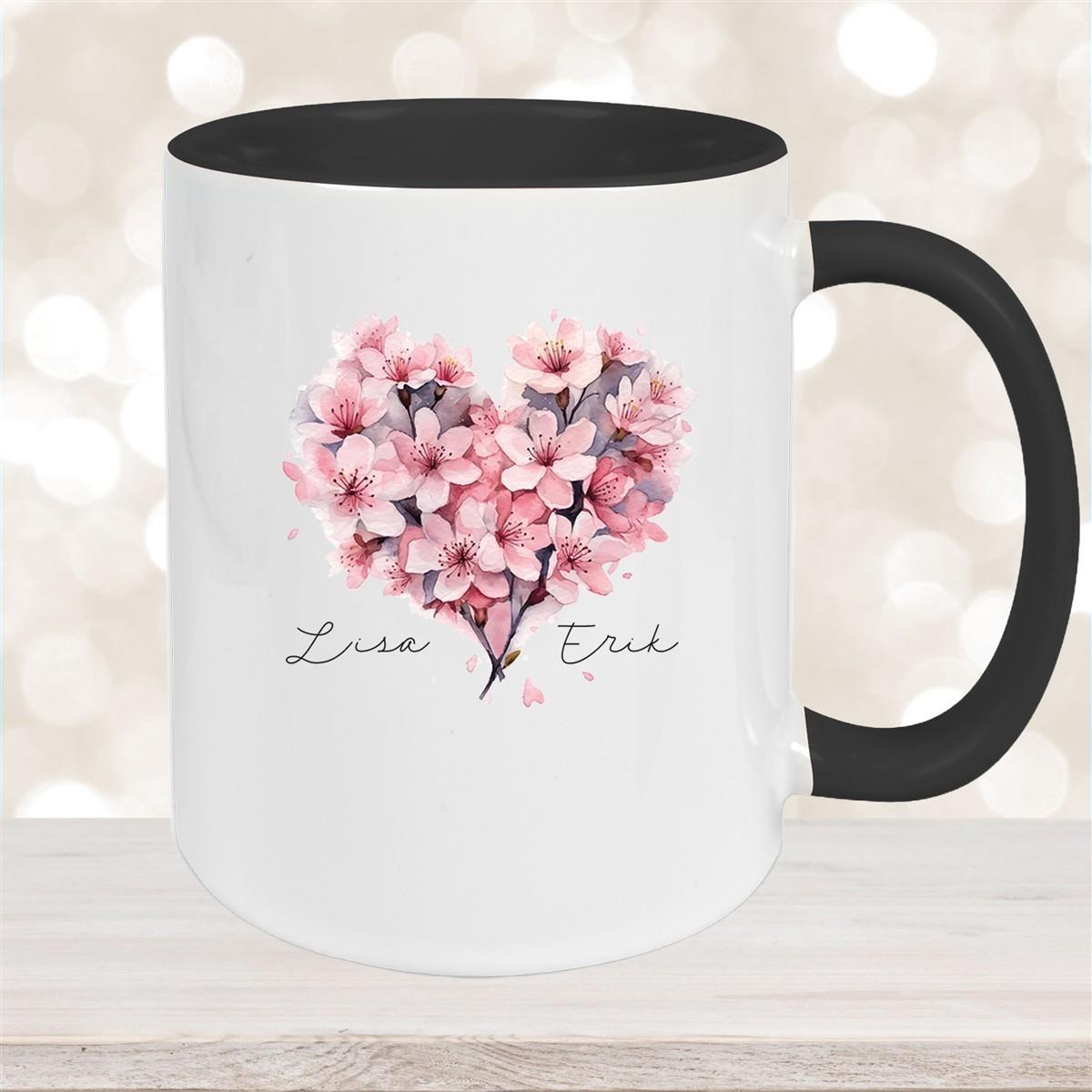Tasse Liebe - Kirschblüten-Herz Valentinstag Wunschnamen Keramik personalisiert versch. Farben