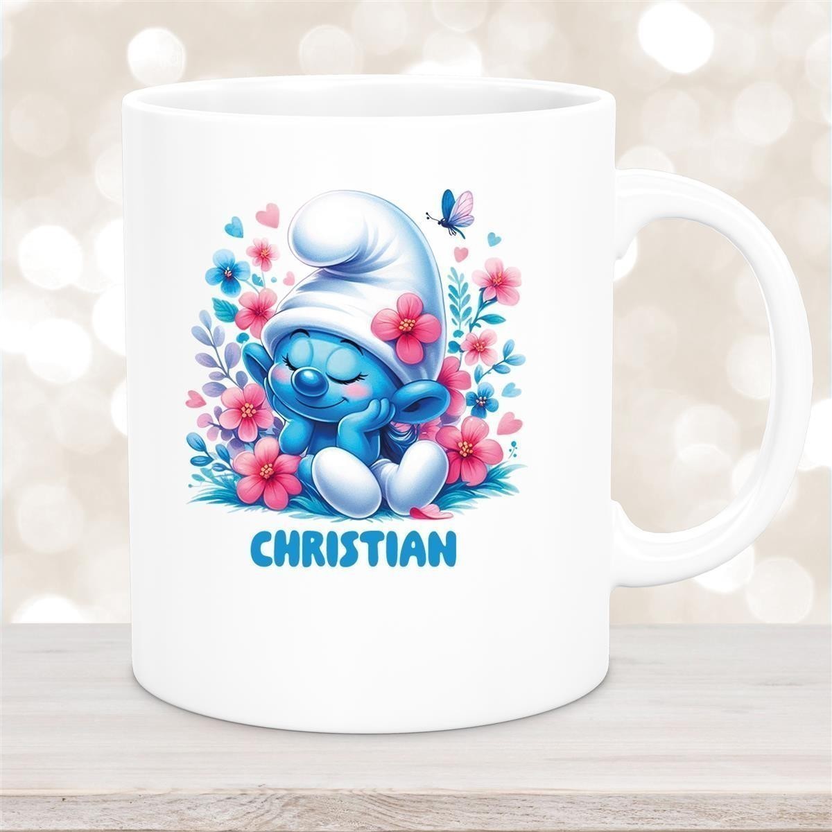 Tasse Kinder Schlumpf #1 mit Blumen Wunschname Keramik Kinderbecher personalisiert Weiß Tasse Kinder Schlumpf #1 mit Blumen Wunschname Keramik Kinderbecher personalisiert versch. Farben