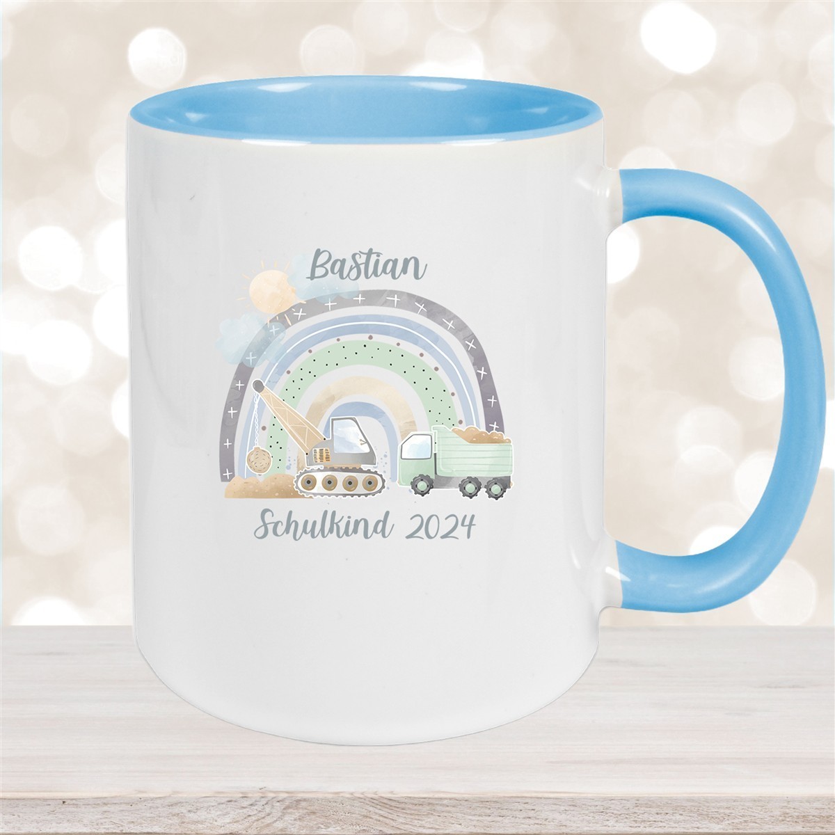 Tasse Schulkind #08 Wunschname Rainbow Baustelle Keramik Kinderbecher Personalisiert versch. Farben