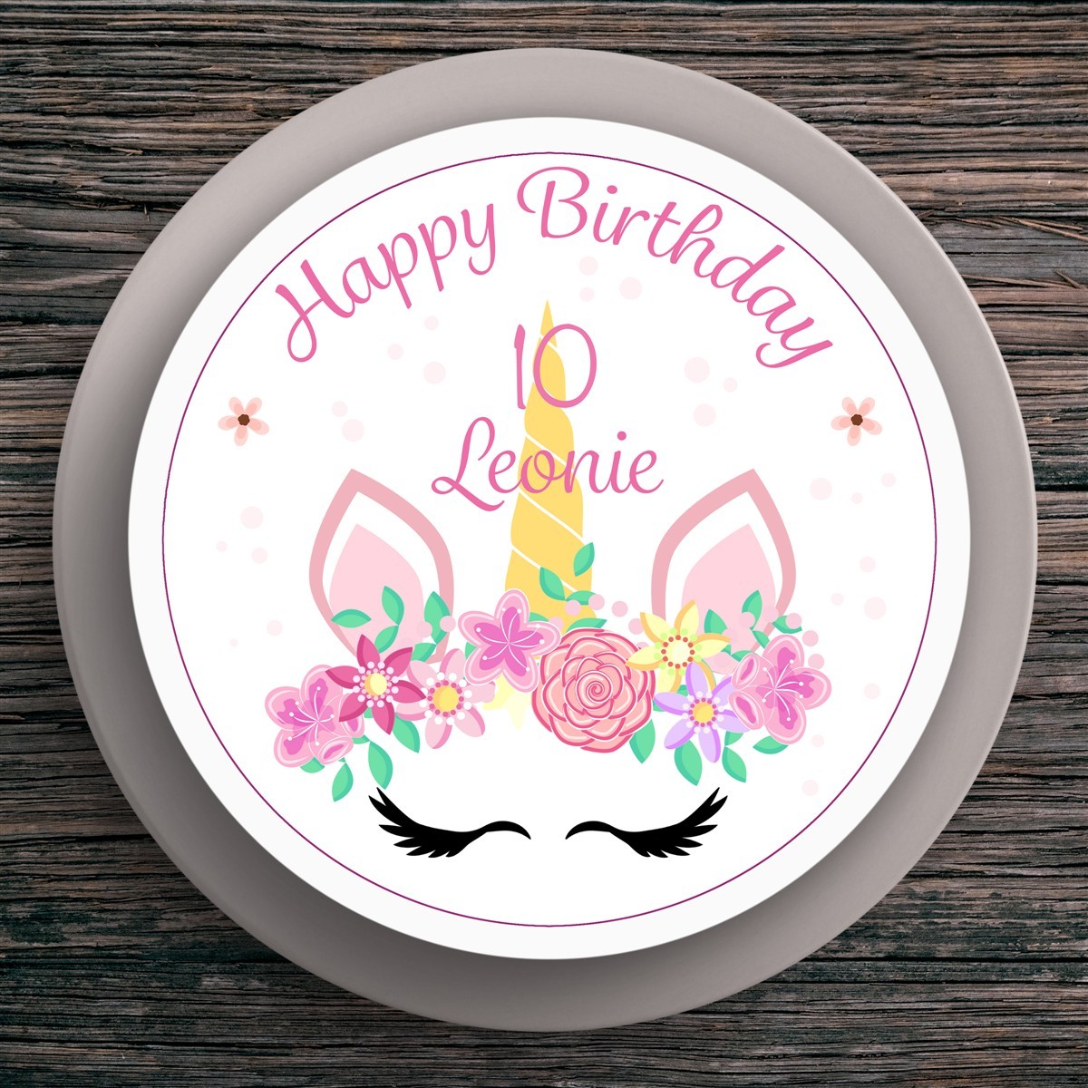 Tortenaufleger Geburtstag Einhorn #2 Name & Zahl (20cm) Fondant Papier