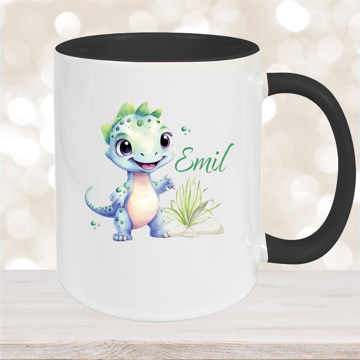 Tasse Dino #14 Wunschname Keramik Kinderbecher Personalisiert Schwarz