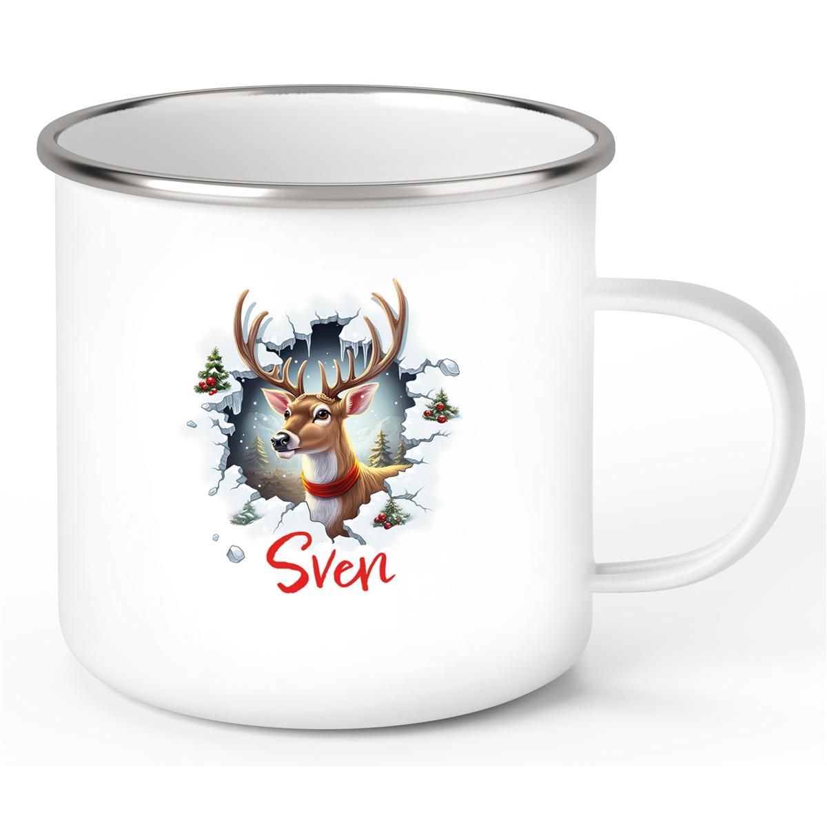 Tasse Wunschname Christmas Rentier 3 Emaille Kinderbecher