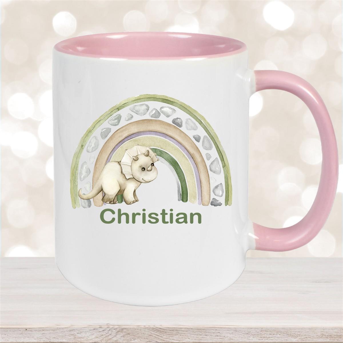 Tasse Wunschname Regenbogen-Dino Keramik Kinderbecher versch. Farben
