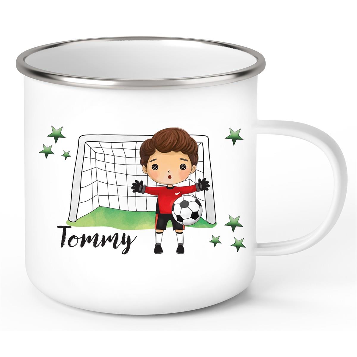 Tasse Fußball 3 Wunschname Emaille Kinderbecher personalisiert