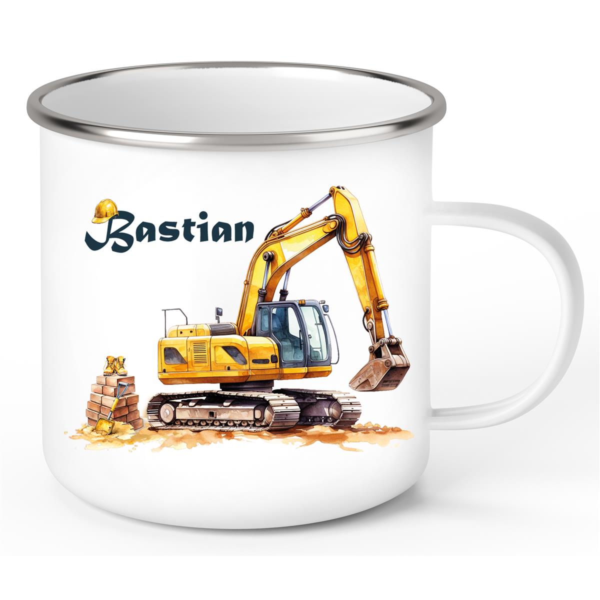 Tasse Wunschname Baustelle Bagger Emaille Kinderbecher