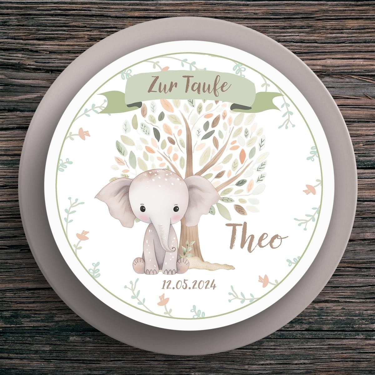 Tortenaufleger Taufe Elefant #1 Name & Datum (20cm)
