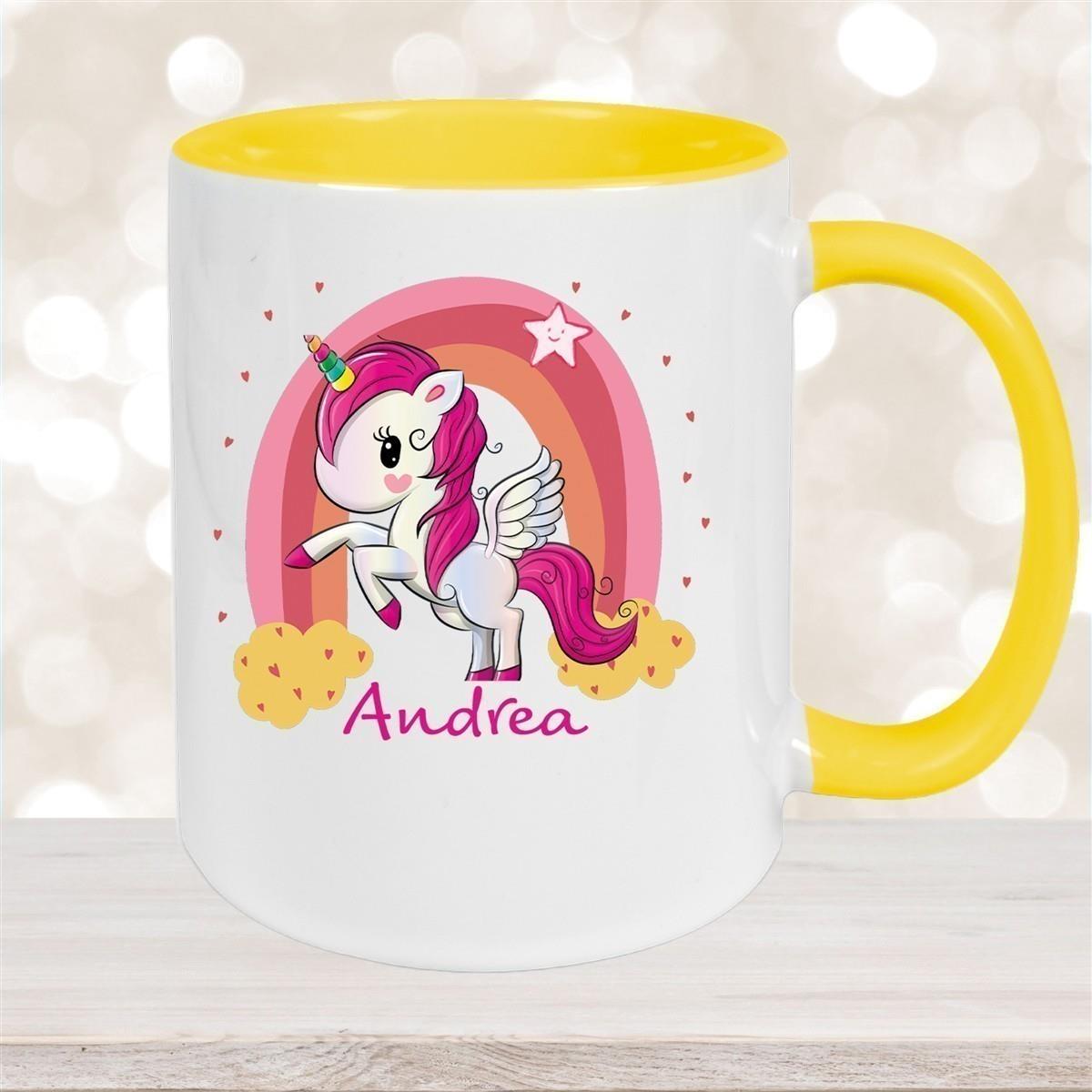 Tasse Wunschname Regenbogen-Einhorn Keramik Kinderbecher personalisiert versch. Farben