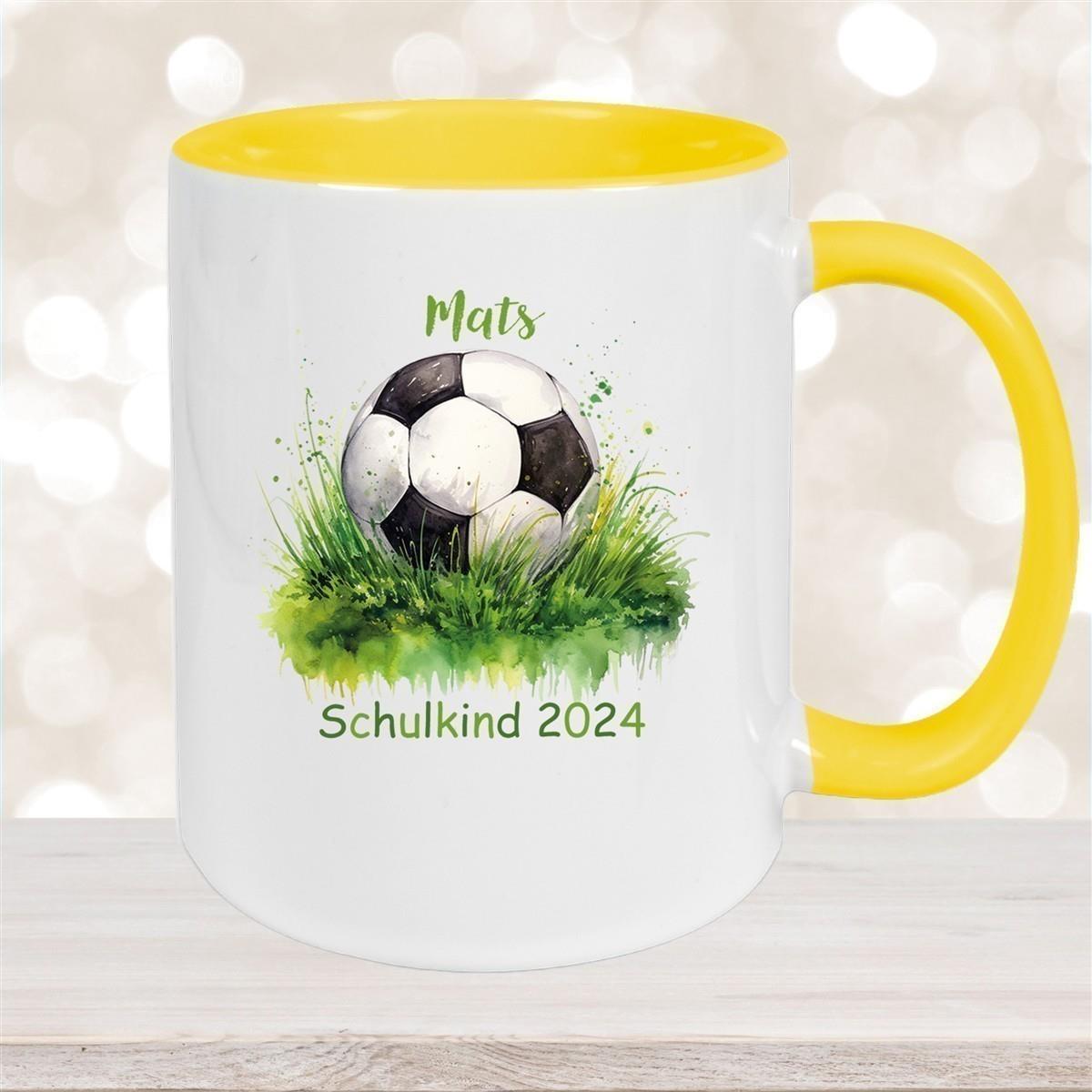 Tasse Schulkind 12 Wunschname Fußball1 Keramik Kinderbecher Personalisiert versch. Farben