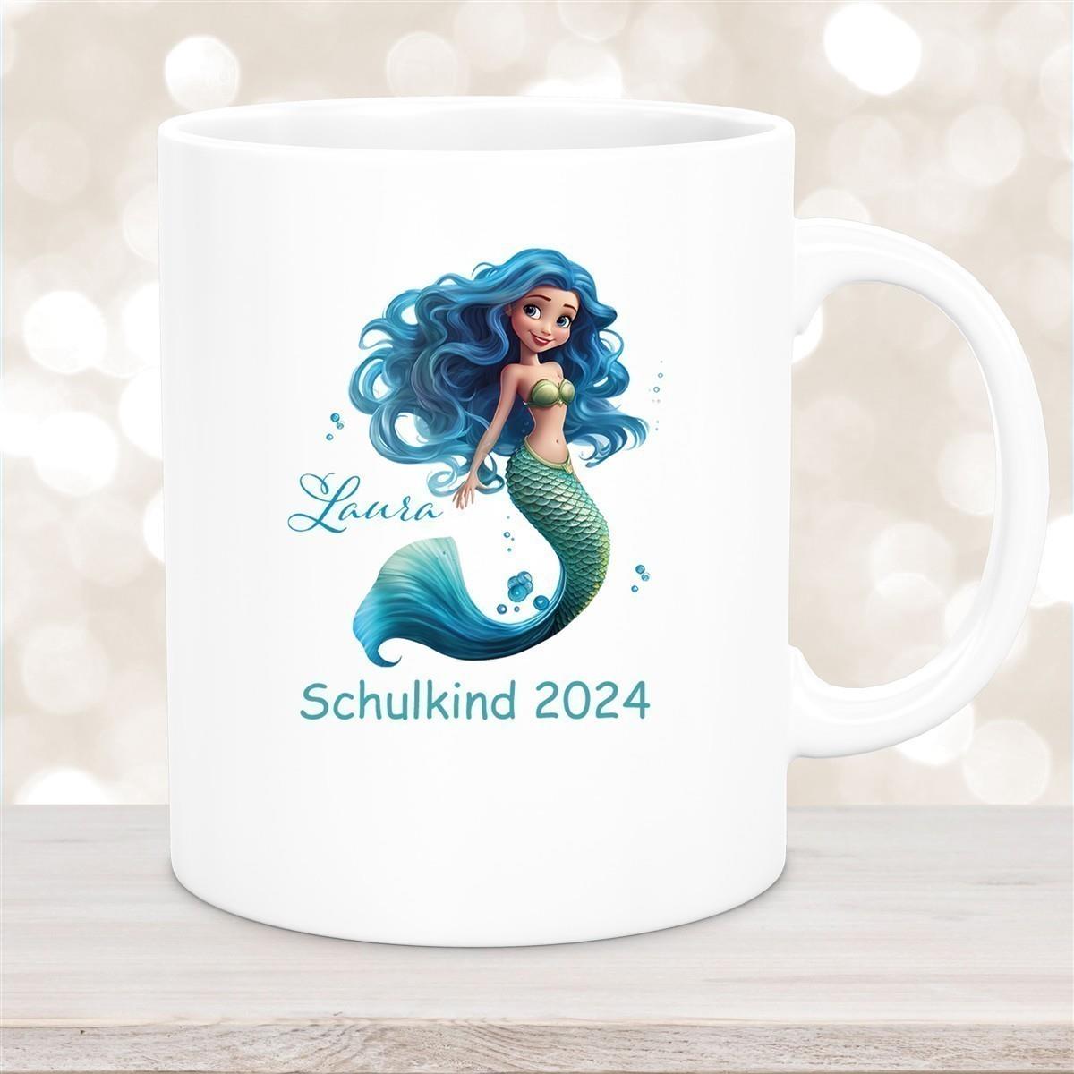 Tasse Schulkind 10 Wunschname Meerjungfrau 1 Keramik Kinderbecher Personalisiert versch. Farben
