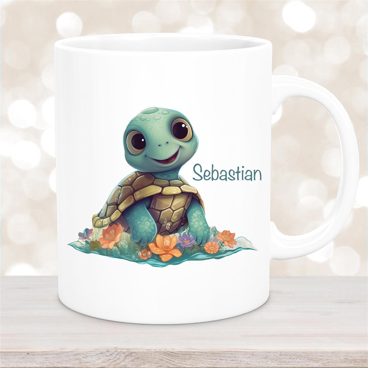Tasse Wunschname Schildkröte #1 Keramik Kinderbecher personalisiert Weiß