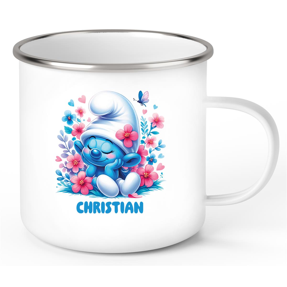 Tasse Kinder Schlumpf 1 mit Blumen Wunschname Emaille Kinderbecher personalisiert