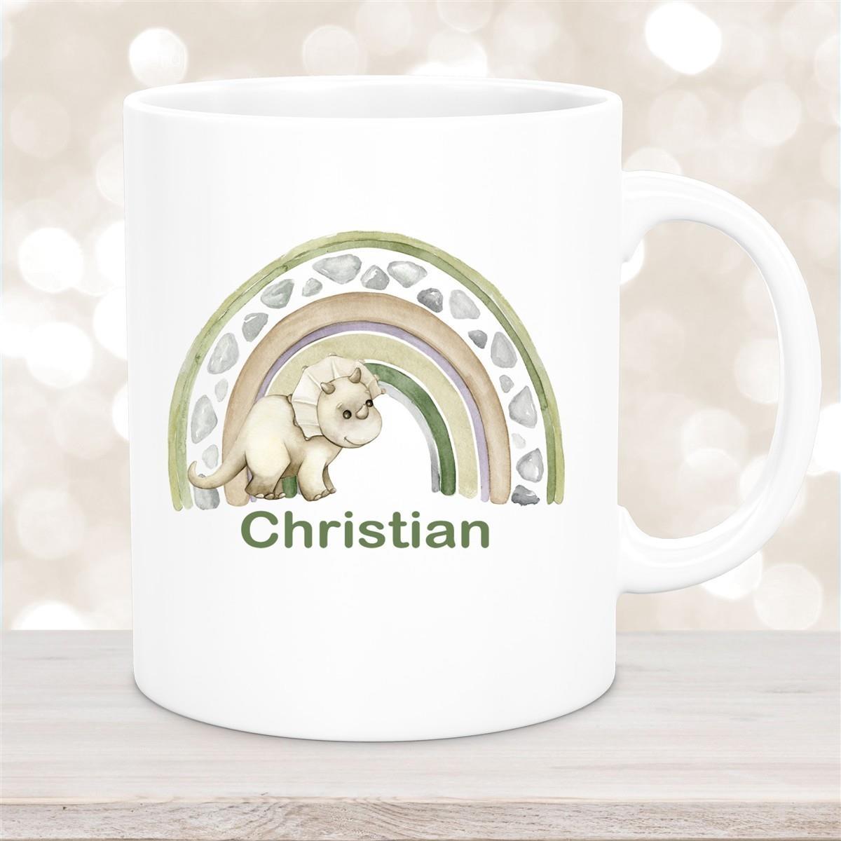 Tasse Wunschname Regenbogen-Dino Keramik Kinderbecher versch. Farben