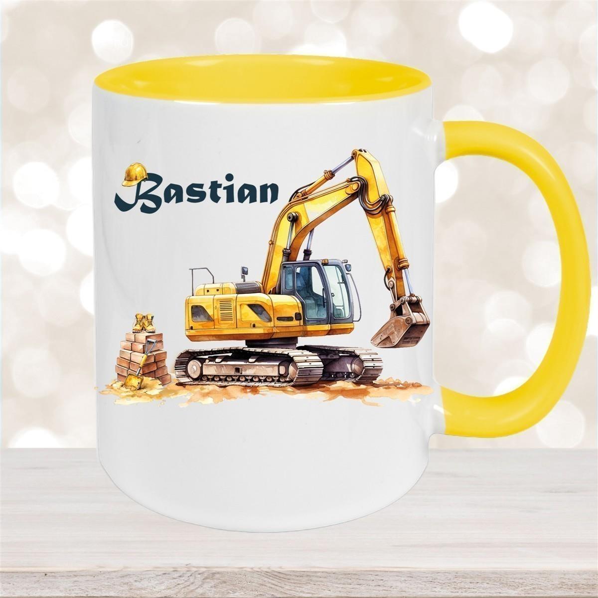 Tasse Wunschname Baustelle Bagger Keramik Kinderbecher versch. Farben