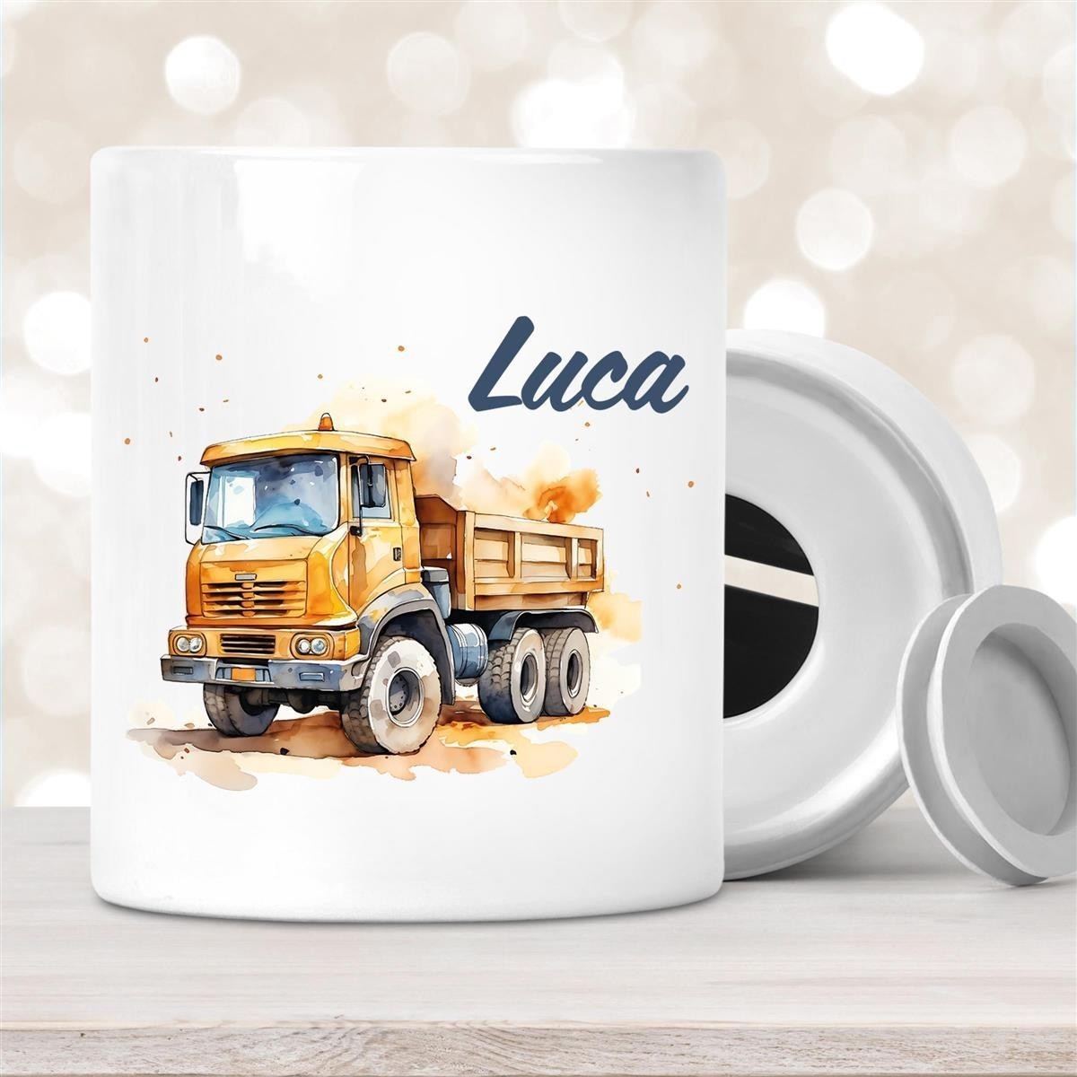 Spardose mit Wunschname Baustelle Kipper #1 personalisiert Spardose mit Wunschname Baustelle Kipper #1 personalisiert