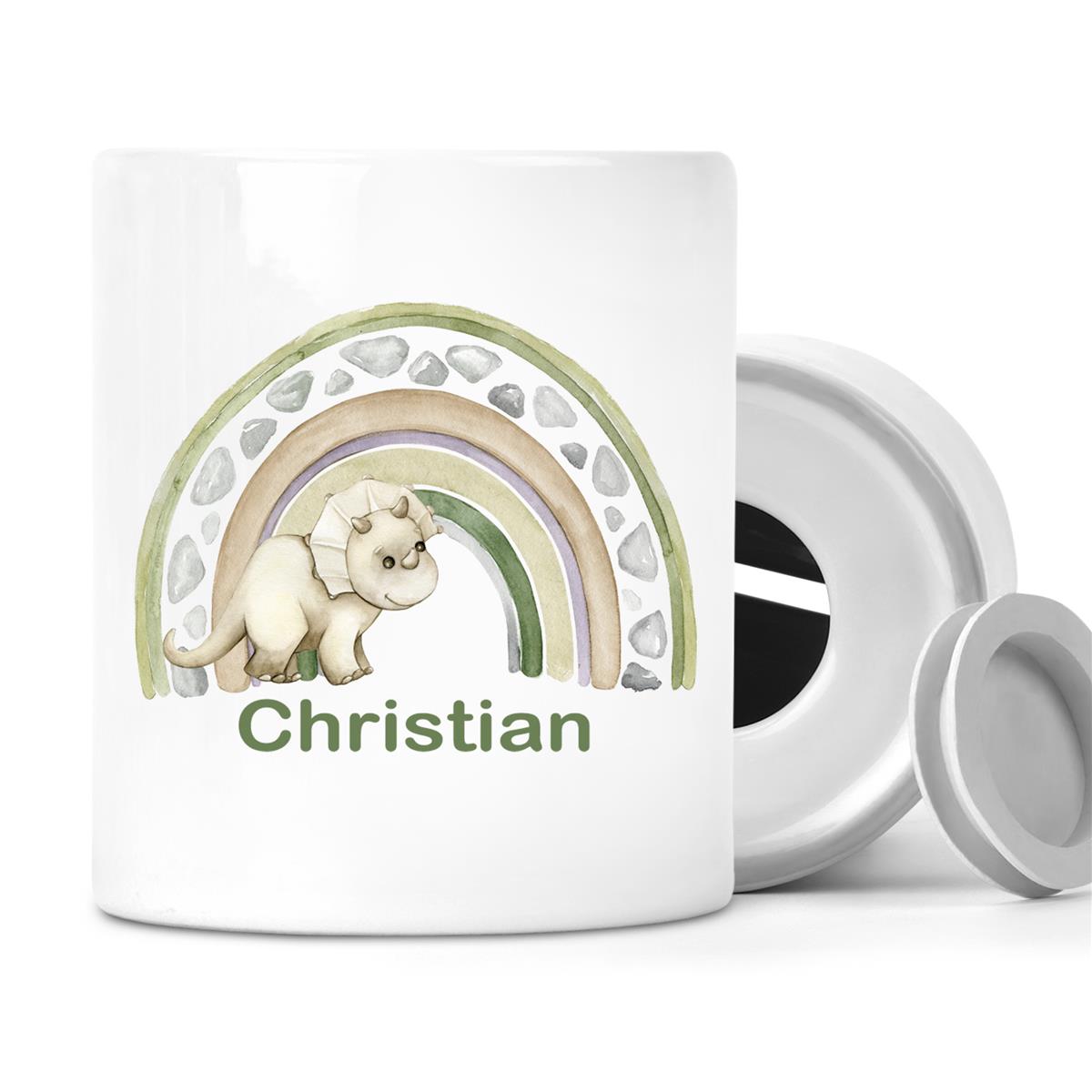 Spardose mit Wunschname Regenbogen-Dino personalisiert