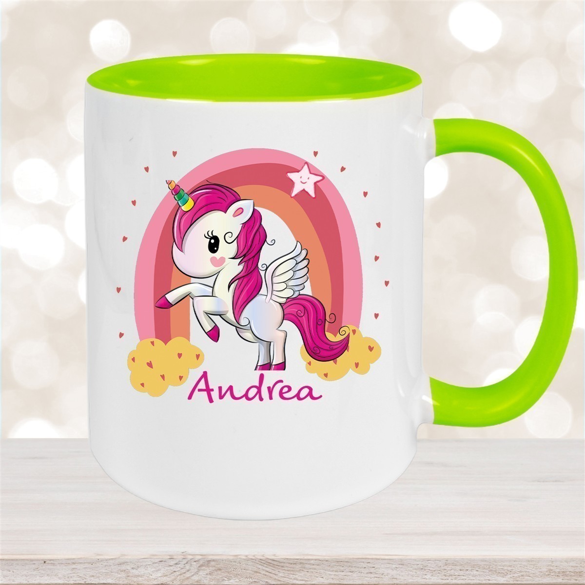 Tasse Wunschname Regenbogen-Einhorn Keramik Kinderbecher personalisiert versch. Farben