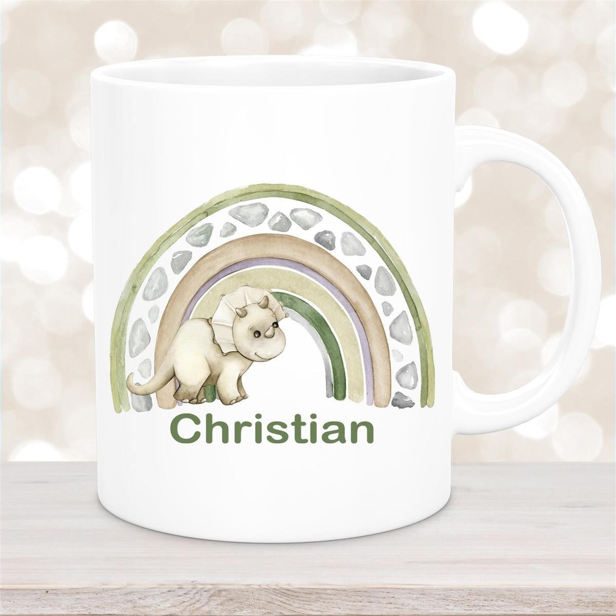 Tasse Wunschname Regenbogen-Dino Keramik Kinderbecher Weiß Tasse Wunschname Regenbogen-Dino Keramik Kinderbecher Weiß