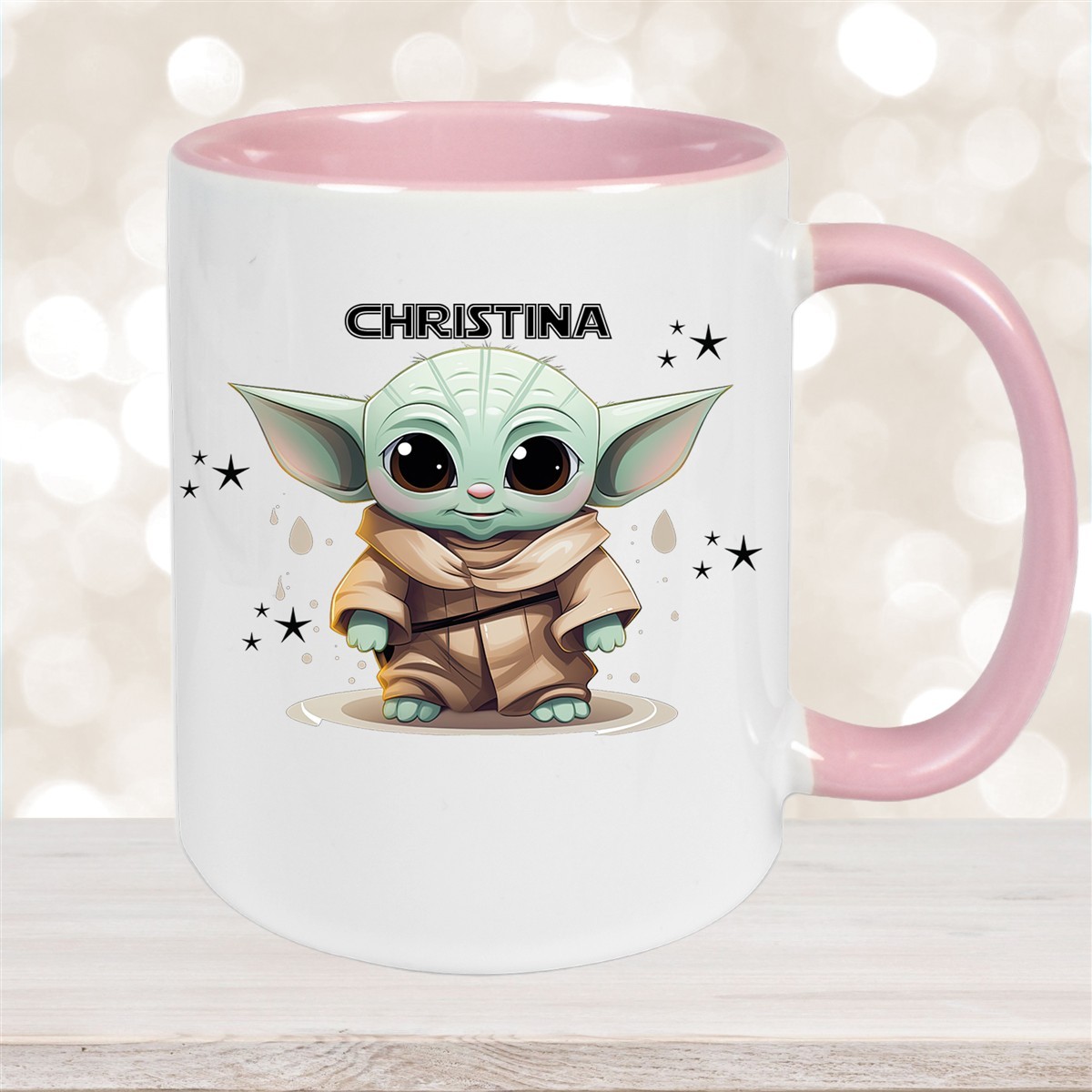Tasse Wunschname Baby-Yoda #3 Keramik Kinderbecher personalisiert versch. Farben Altrosa